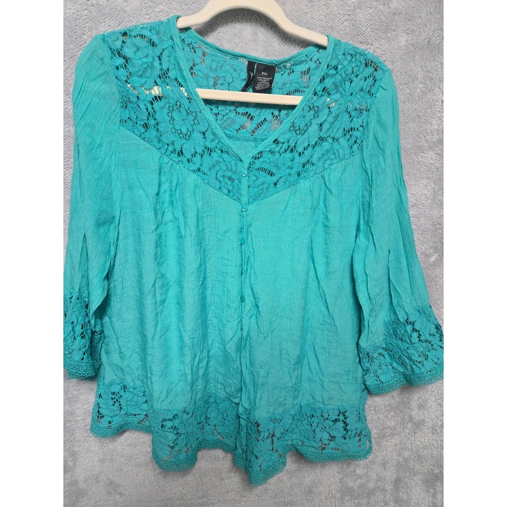 New Directions Petite Teal Lace Trim V-Neck Blouse PXL Turquoise 3/4 Sleeve Top